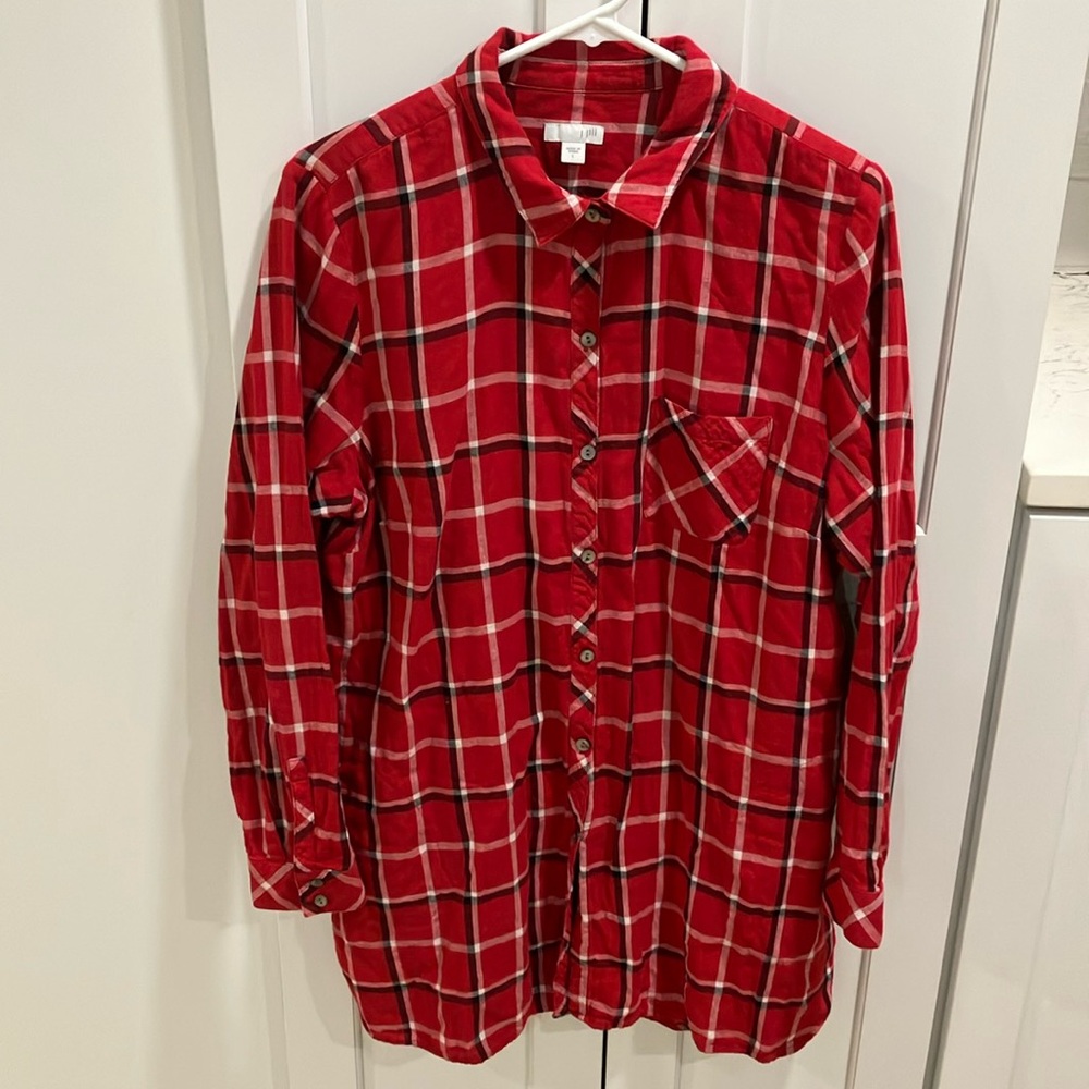 J. Jill Women's Red Plaid 100% Cotton Button Down Flannel Long Sleeve Shirt Top